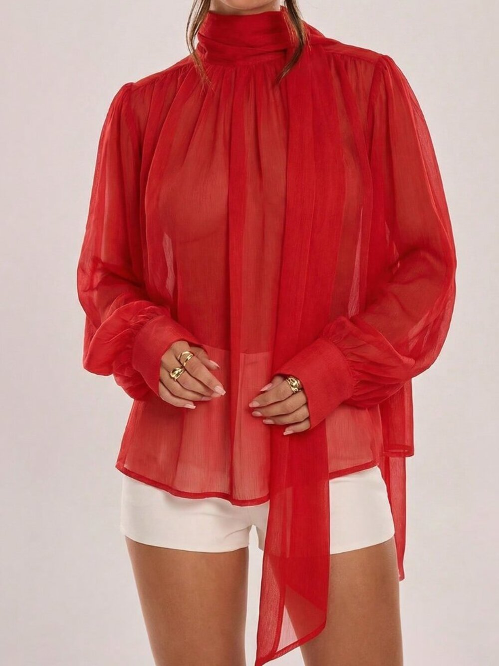 Red Casual Women's Chiffon Stand Collar Long Tie Detail Blouse
